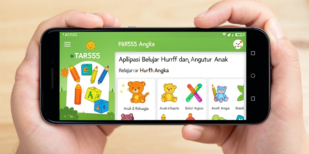 Tampilan antarmuka aplikasi TAR555 yang ceria dan ramah anak.